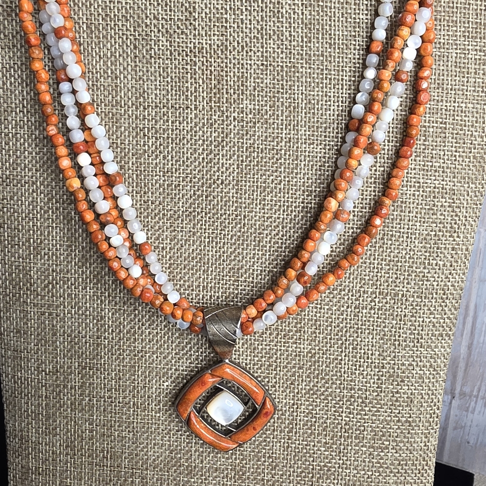 Jay King DRT Spiny Coral & Mother Of Pearl Pendant 925 Sterling Silver